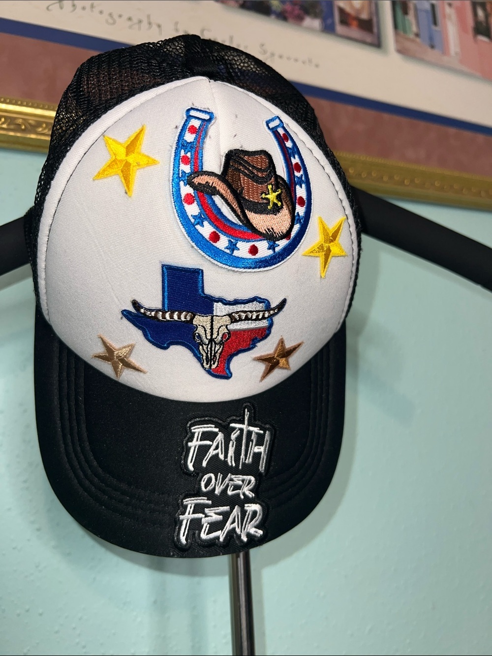 Faith Over Fear Embroidered Trucker Hat - Black & White $15